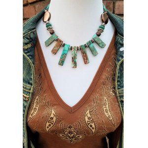 Artisan Necklace Turquoise Beige Brown Copper Silver Faux Agate Bars NWT